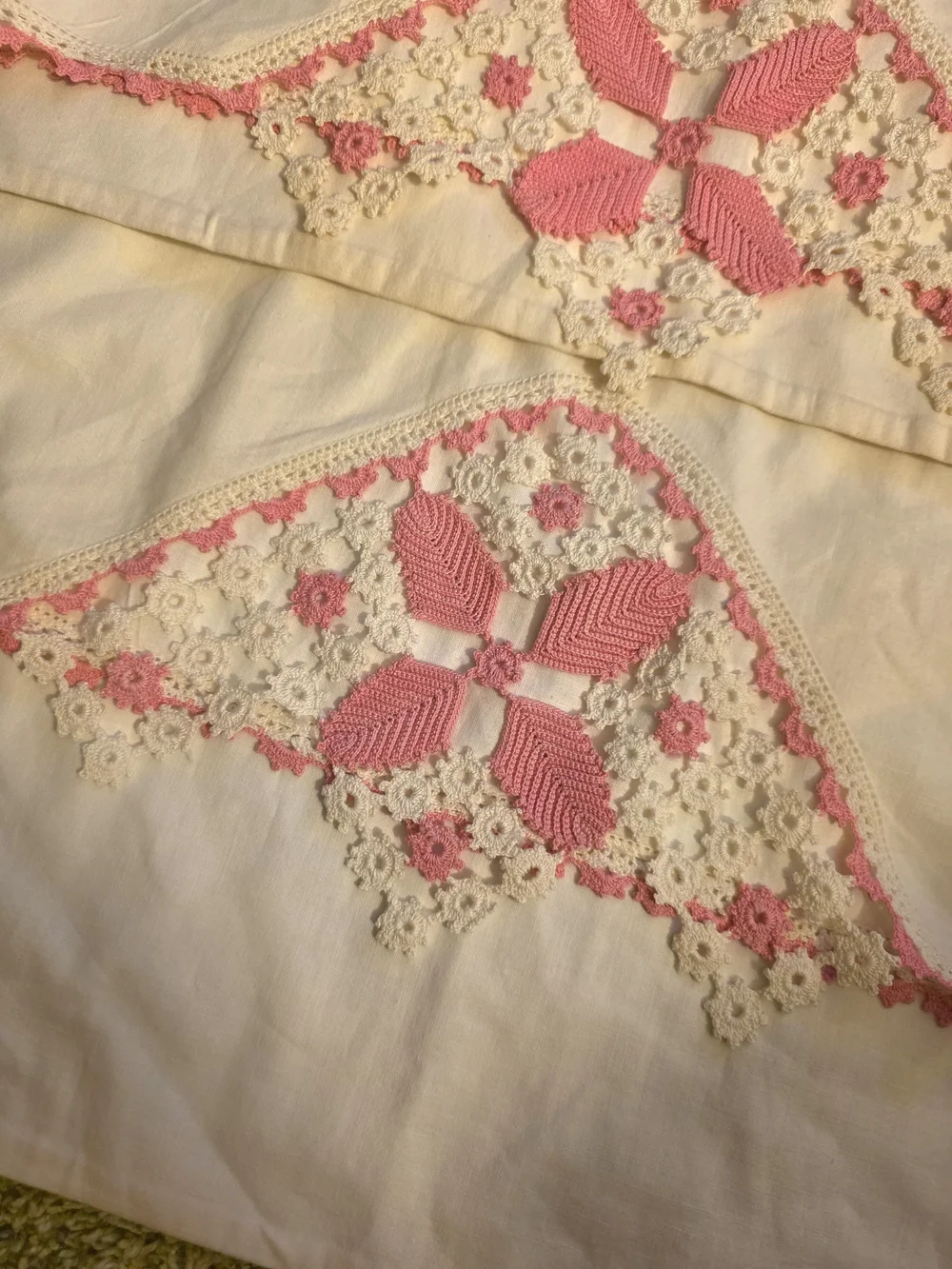 Handcrafted White Pillowcases with Pink Crochet Accents